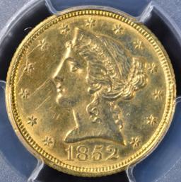 1852 $5 GOLD LIBERTY, PCGS GENUINE