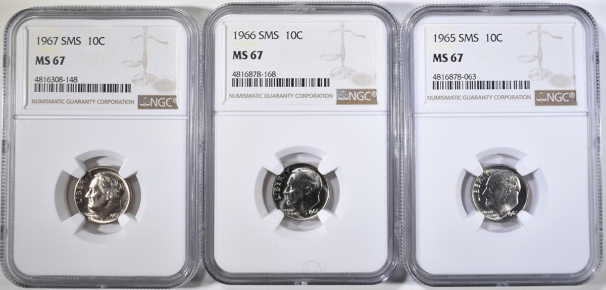 1965, 66 & 67 SMS ROOSEVELT DIMES, NGC MS-67