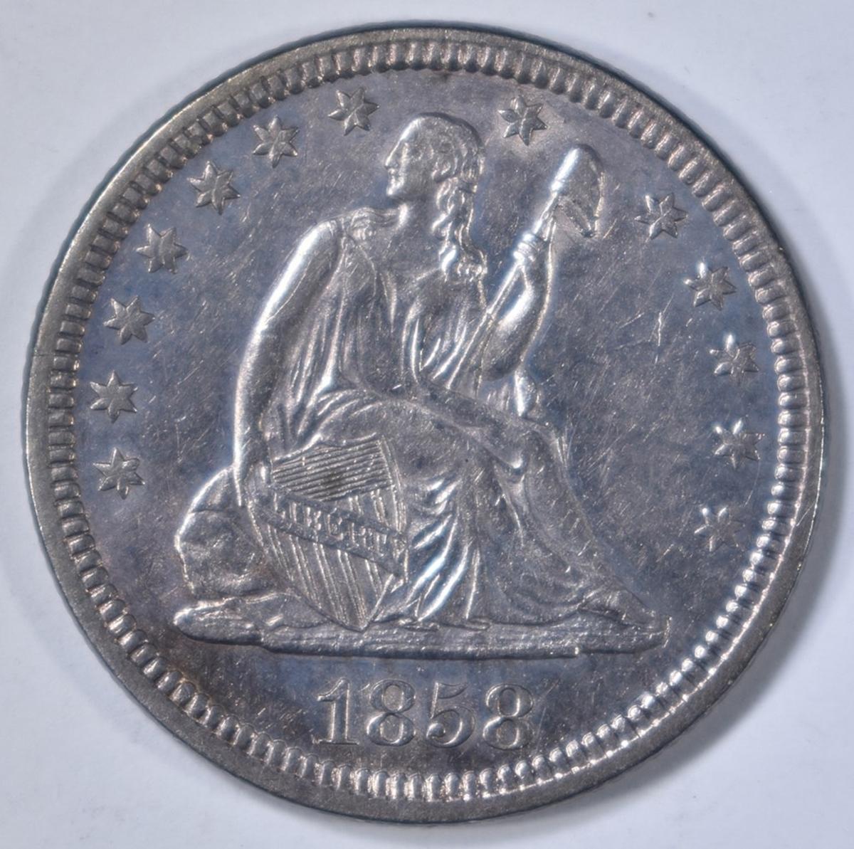 1858 SEATED LIBERTY QUARTER CH AU