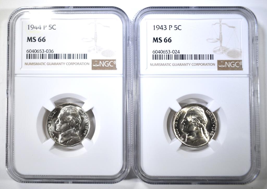 1943-P & 44-P SILVER JEFFERSON NICKELS NGC MS-66