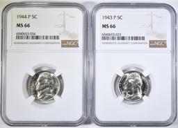 1943-P & 44-P SILVER JEFFERSON NICKELS NGC MS-66