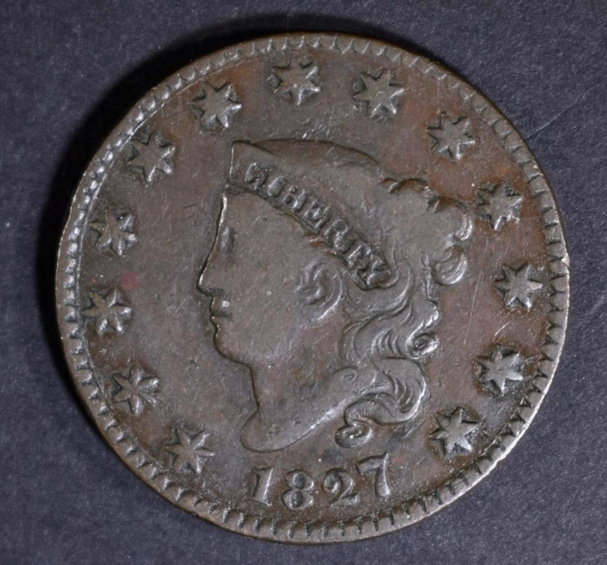 1827 LARGE CENT, NICE F/VF