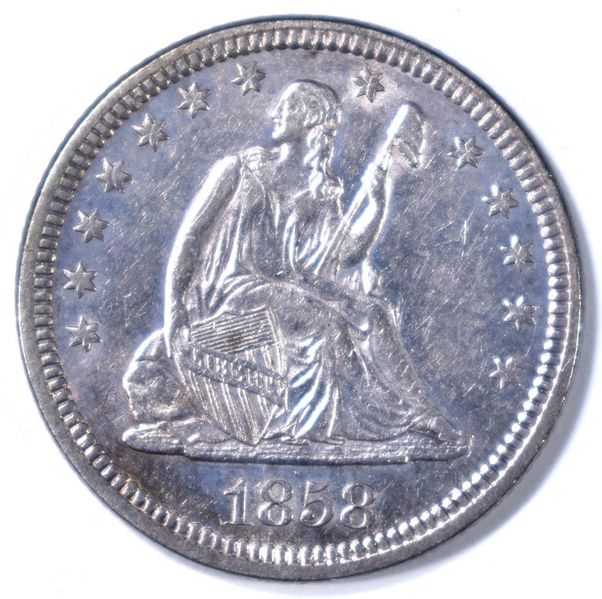 1858 SEATED LIBERTY QUARTER CH AU