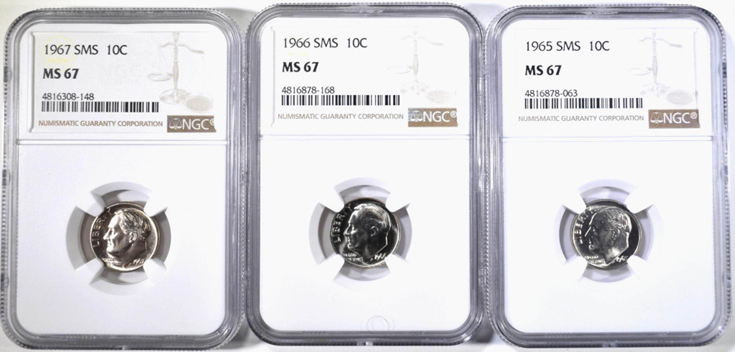 1965, 66 & 67 SMS ROOSEVELT DIMES, NGC MS-67