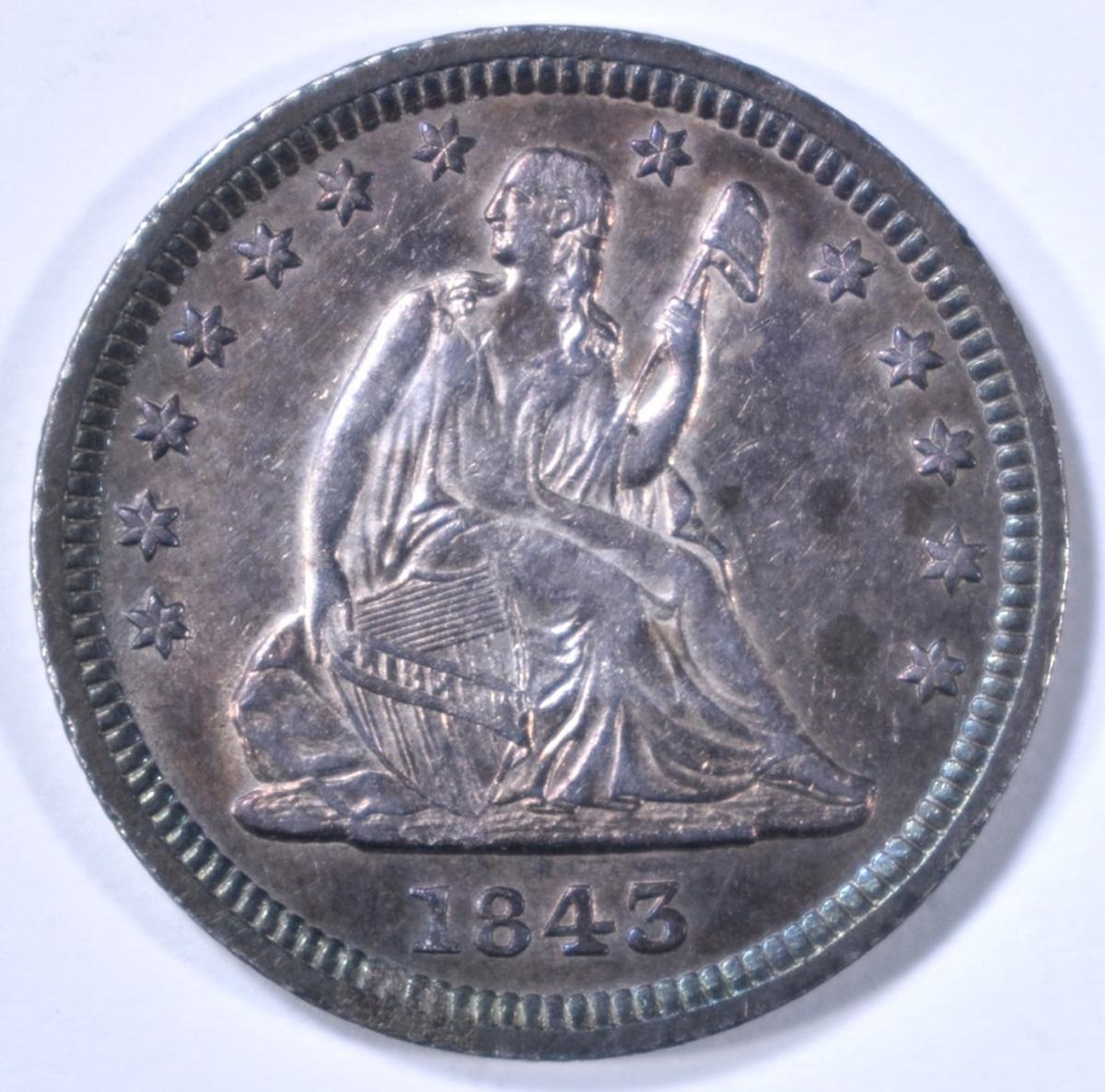 1843 SEATED LIBERTY QUARTER AU/BU COLOR