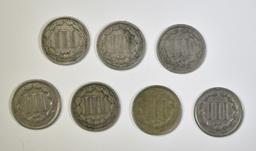 7-DIFFERENT 3-CENT NICKELS