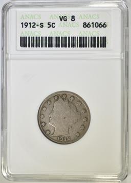 1912-S LIBERTY NICKEL ANACS VG-8 KEY COIN