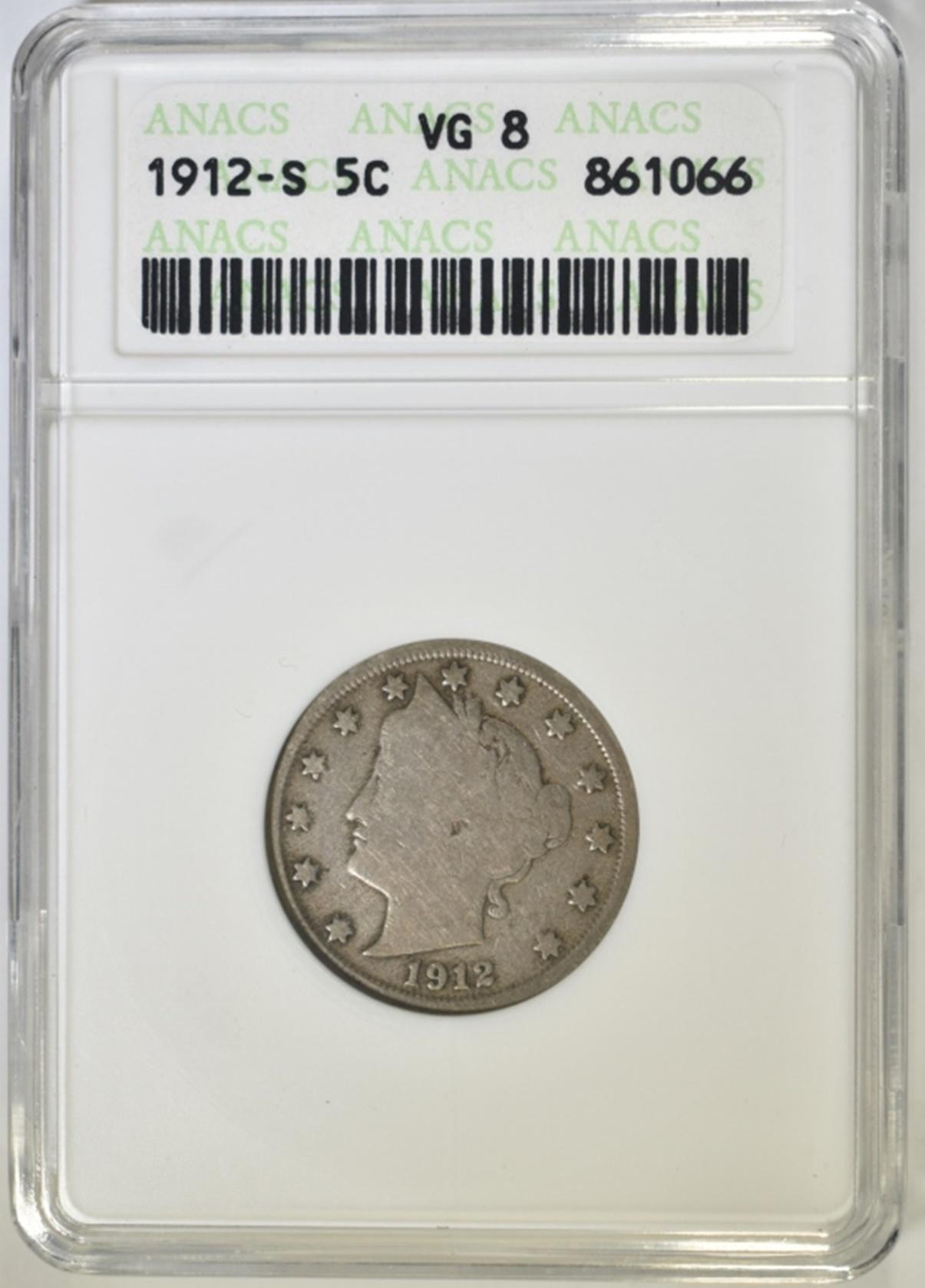 1912-S LIBERTY NICKEL ANACS VG-8 KEY COIN