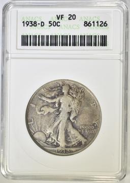 1938-D WALKING LIBERTY HALF ANACS VF-20 KEY COIN