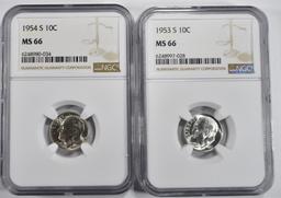 1953-S, 54-S ROOSEVELT DIMES NGC MS-66