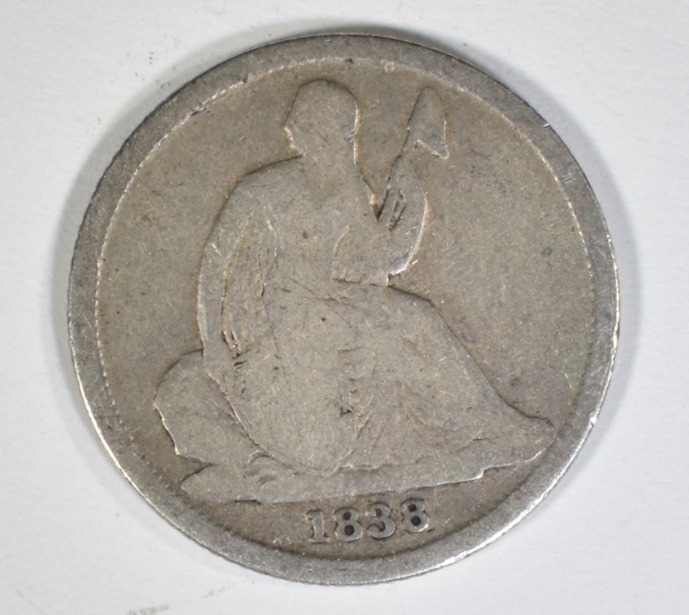 1838-O NO STARS SEATED LIBERTY DIME  VG