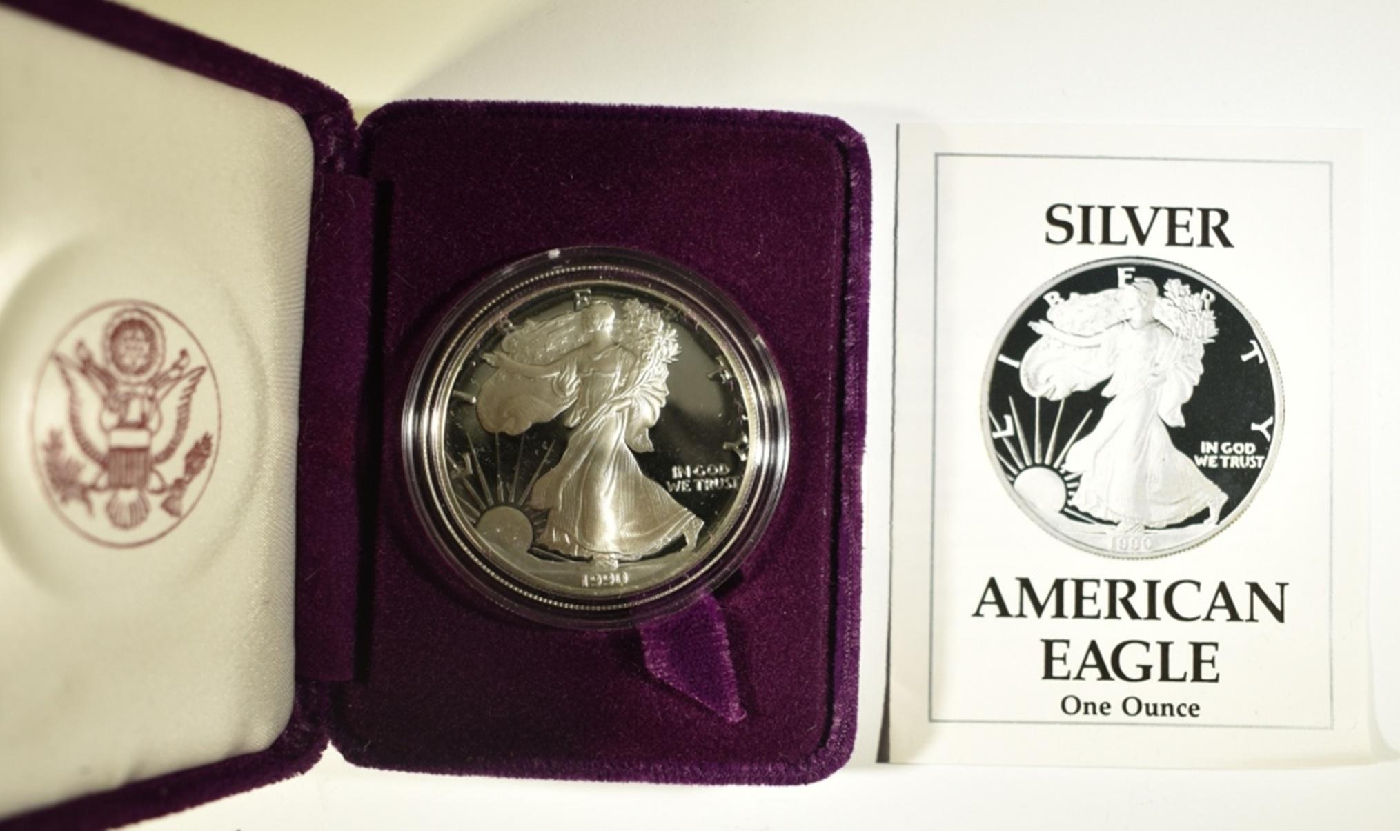 1990-S PROOF AMERICAN SILVER EAGLE ORIG BOX/COA