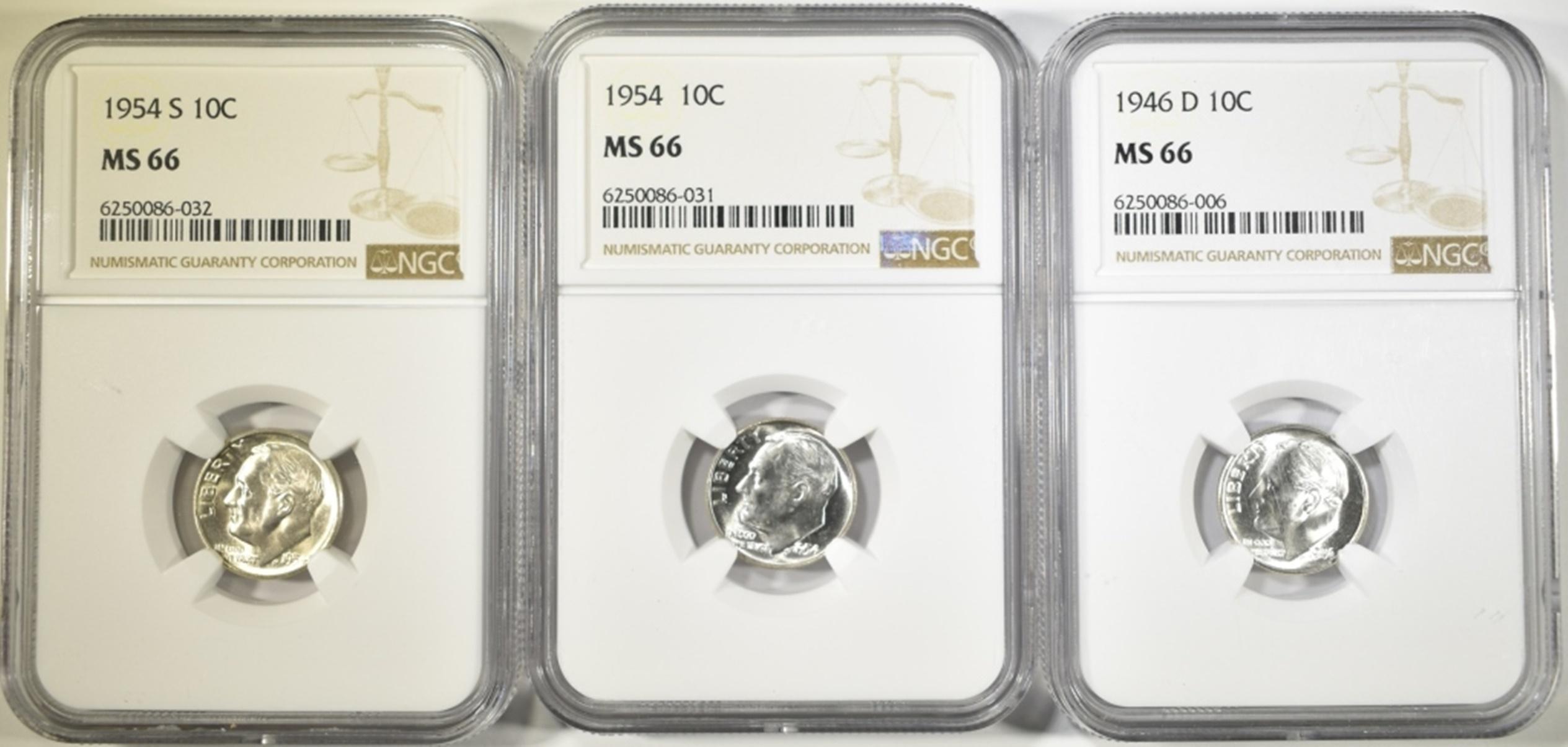 1946-D 54-P,S ROOSEVELT DIMES NGC MS -66