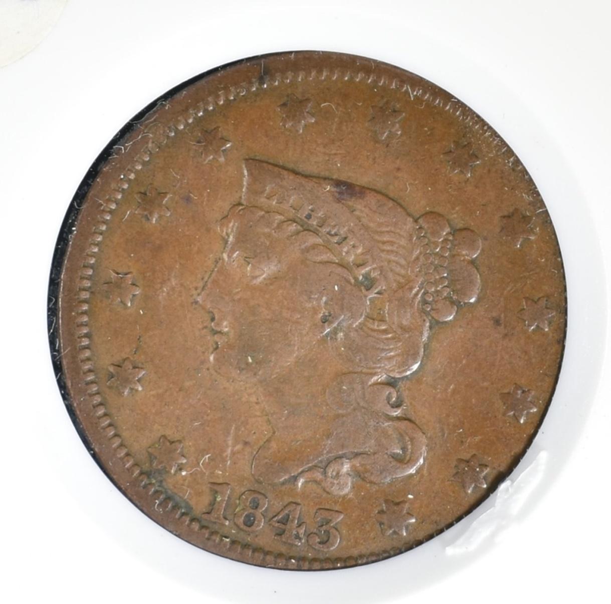 1843 LARGE CENT VF