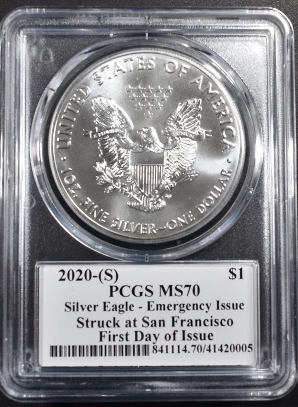 2020-(S)  SILVER EAGLE PCGS MS-70 EMERG ISSUE