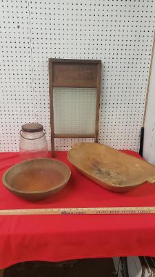 Washboard, wooden bowls, jar
