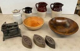 Pitchers, Wood Bows, Irons, Etc