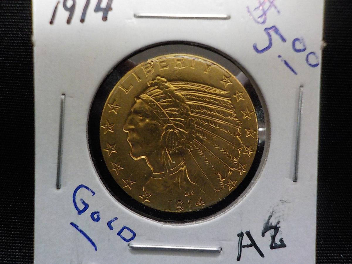 A2  AU  Gold Five Dollar 1914 Indian