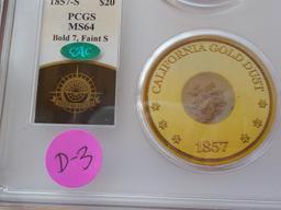 D3 1857 S $20 Double Gold Eagle  RARE