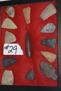 12 NATIVE AMERICAN OHIO SPEAR POINTS FROM LARGE COLLECTION IN FRAME BOX WITH BULLET