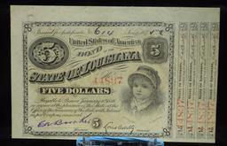 1875 $5 State of Louisiana Baby Bond 44837 GEM BU