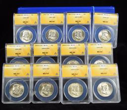 Complete Set Franklin Half Dollars ANACS MS-65/66 FLB's