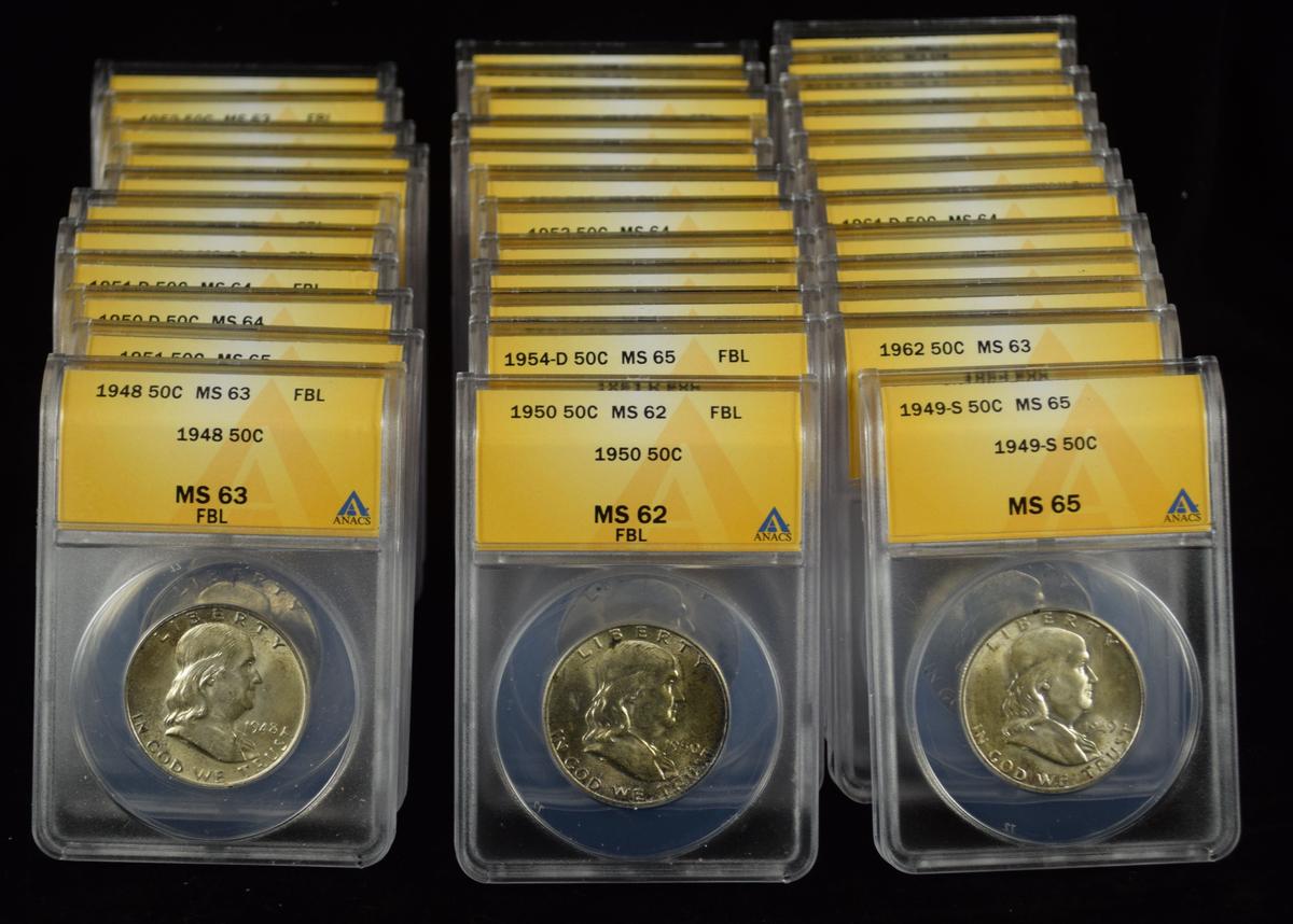 Complete Set Franklin Half Dollars ANACS MS-65/66 FLB's