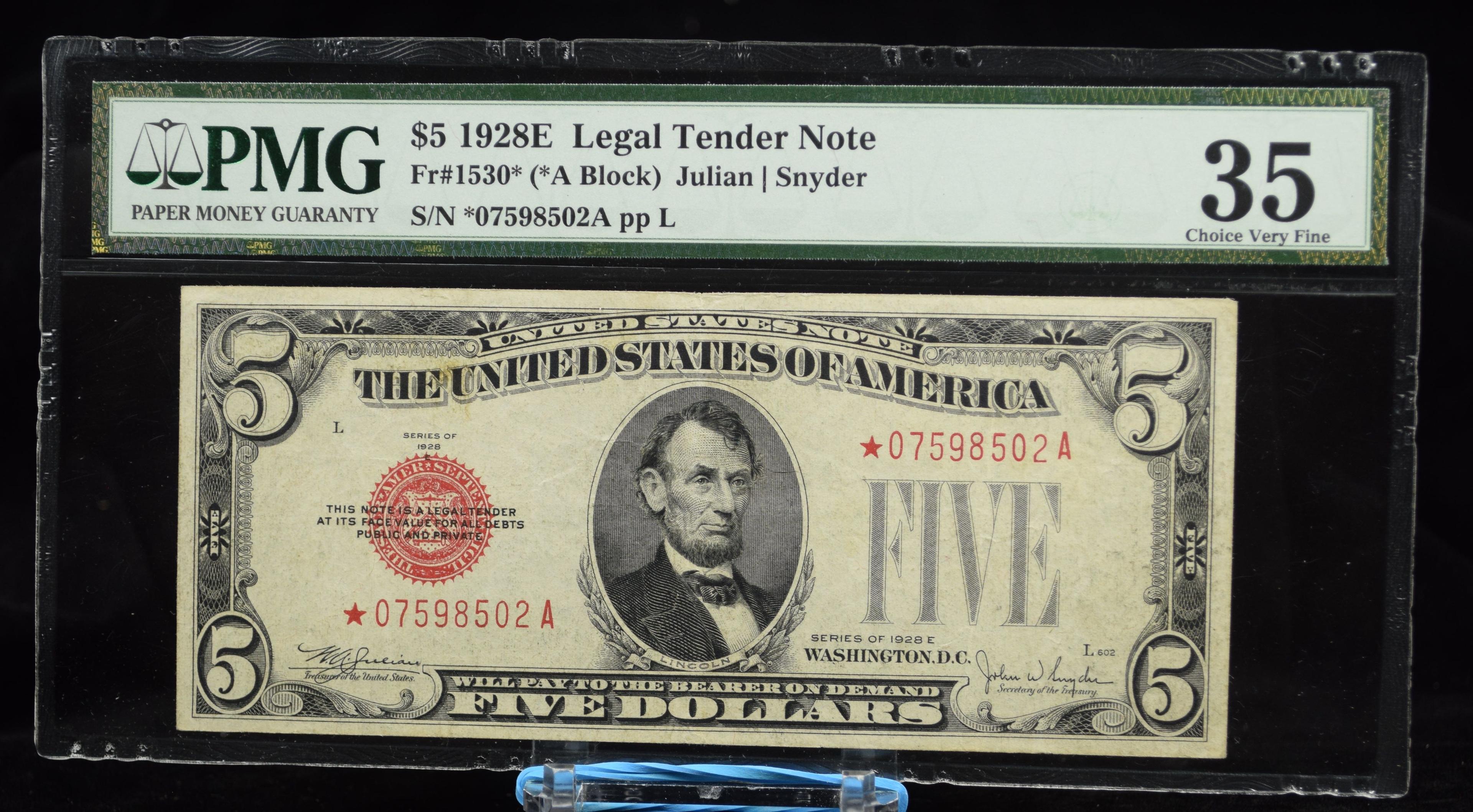 1928E $5 Legal Tender Star Note FR1530 *07598502A PMG 35 Very Scarce