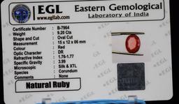 9.2CT Natural Mined Ruby w/EGL Cert #b-7964 Retail $900