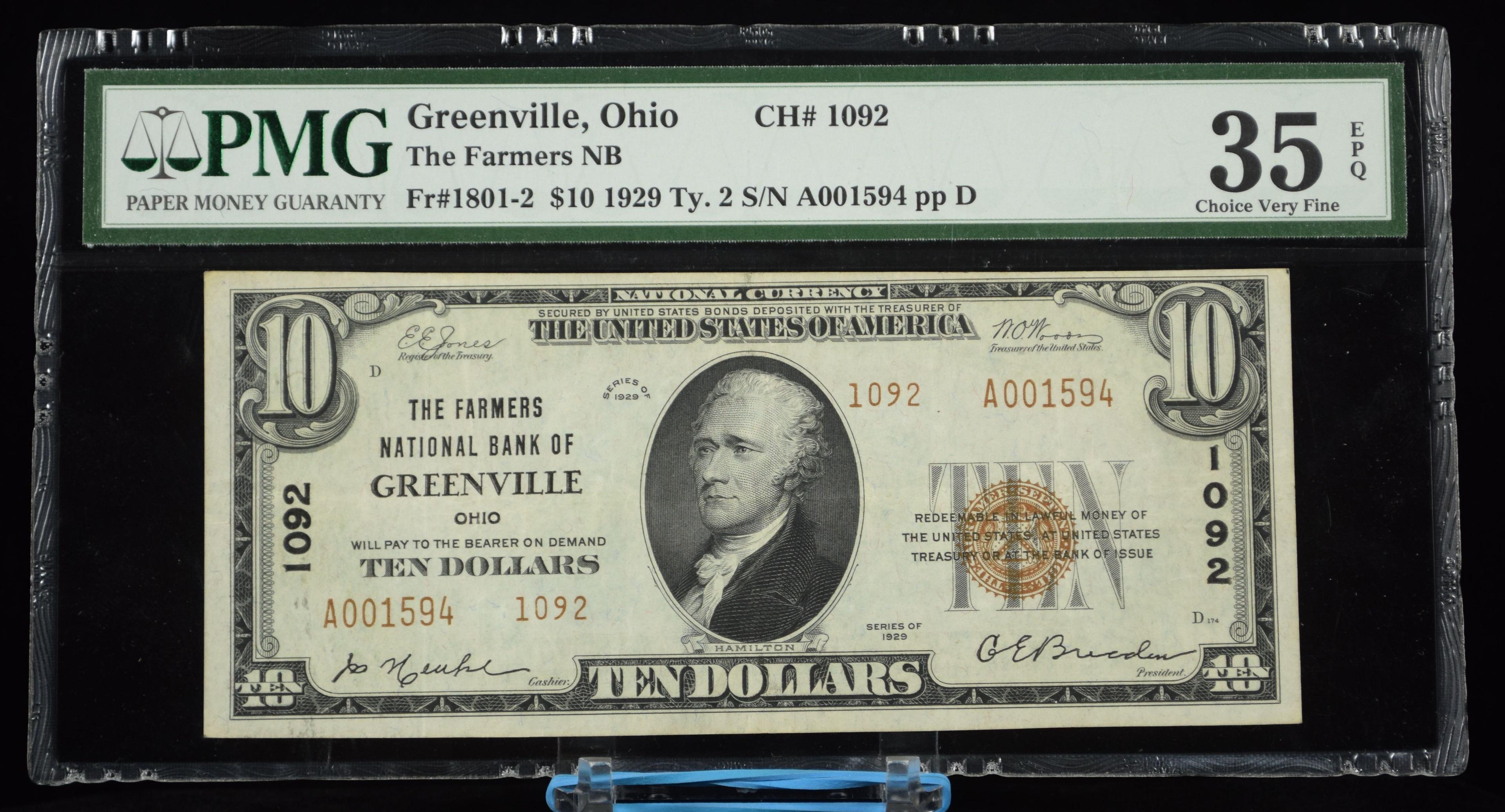 1929 $10 National Bank of The Farmers NB Greenville OH PMG 35 EPQ