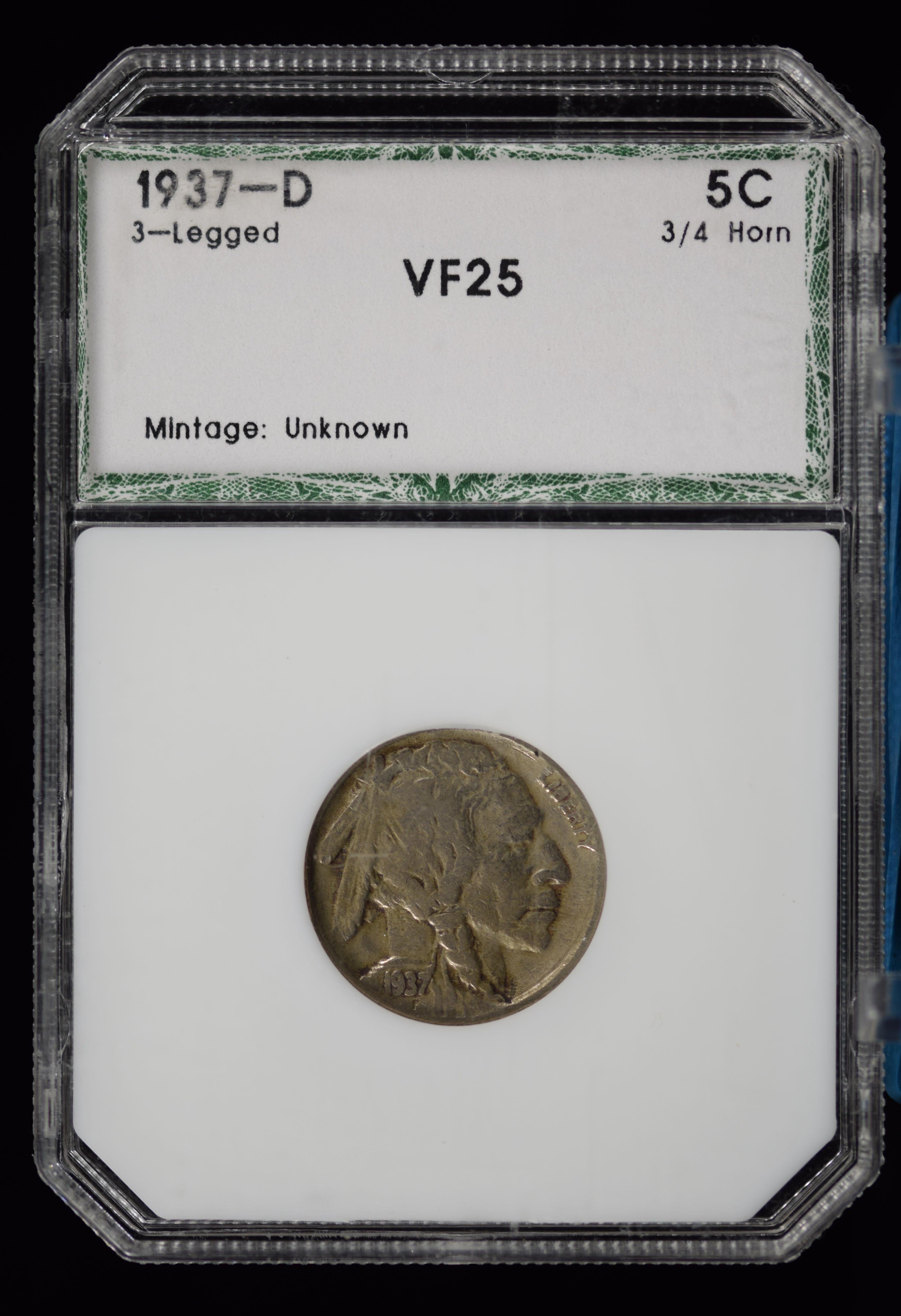 1937-D 3-Legged Buffalo Nickel PCI VF Plus