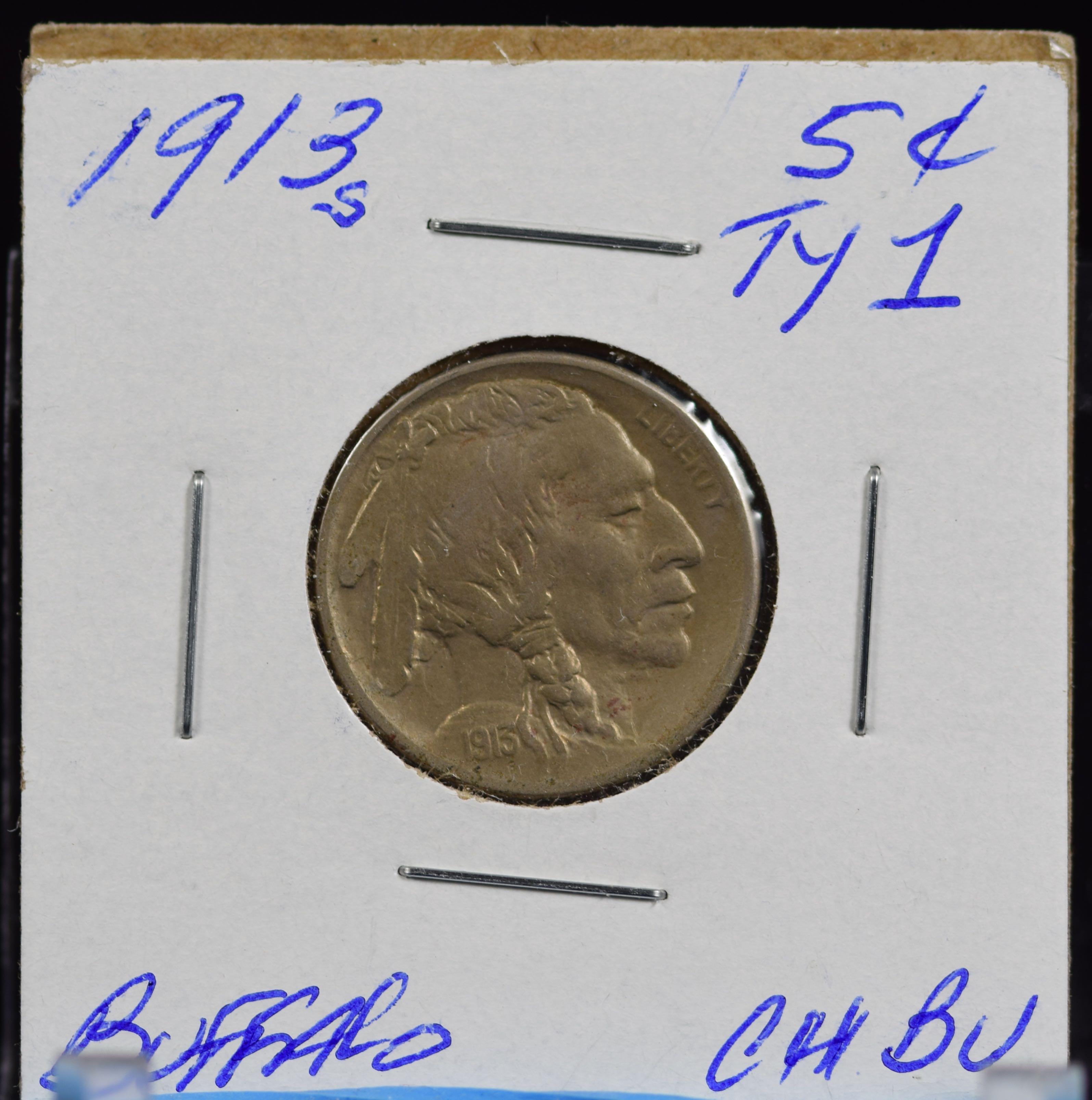 1913-S Type 1 Buffalo Nickel CH BU Lite Tone Better Date Well Struck