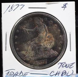 1877 Trade Dollar CH BU Rainbow Tone Good Strike Scarce