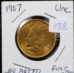 1907 $10 Gold Liberty NO Motto UNC