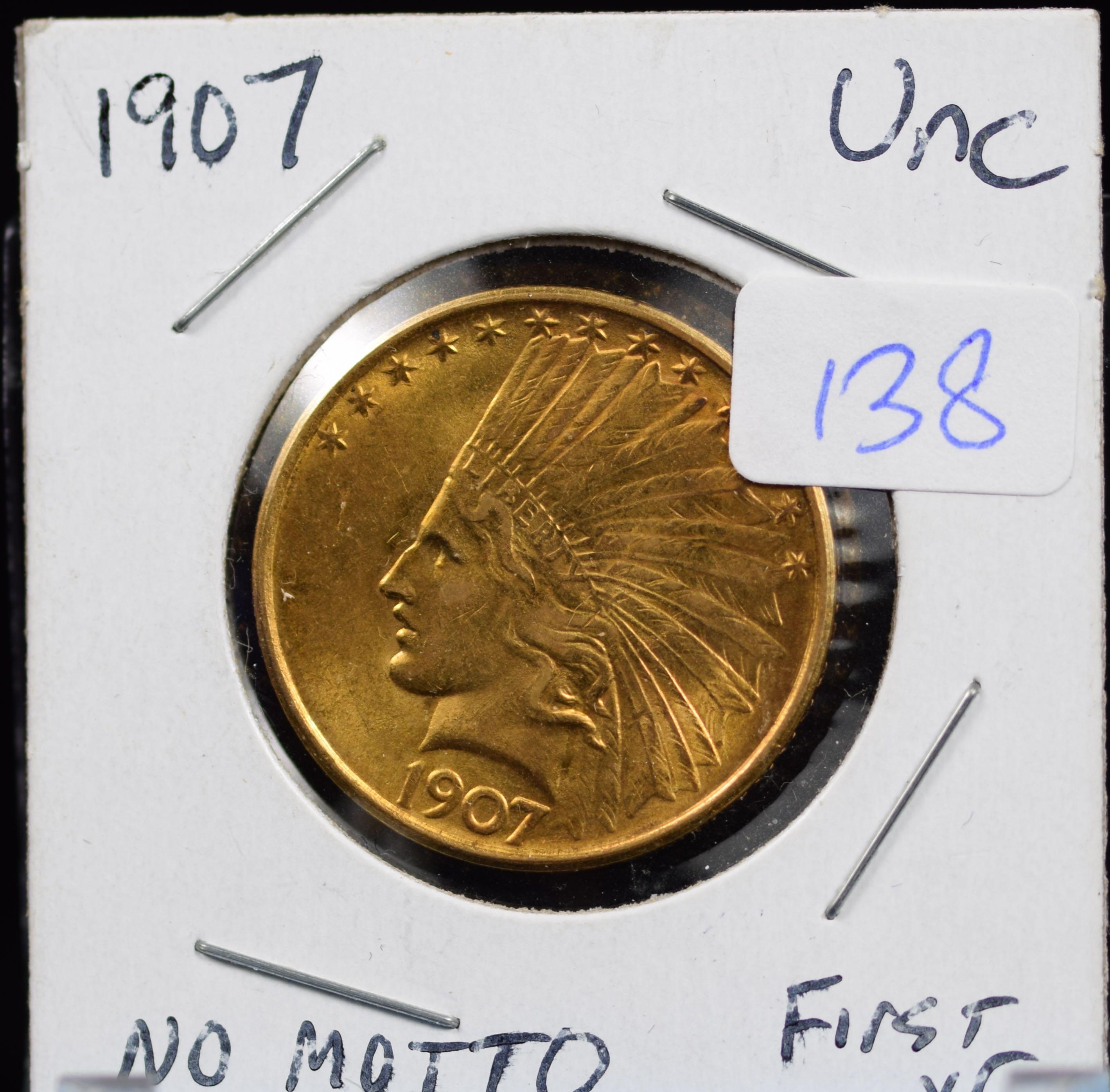1907 $10 Gold Liberty NO Motto UNC