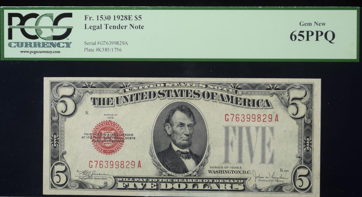 1928 E $5 LT FR1530 G76399829A PCGS 65PPQ Red Seal