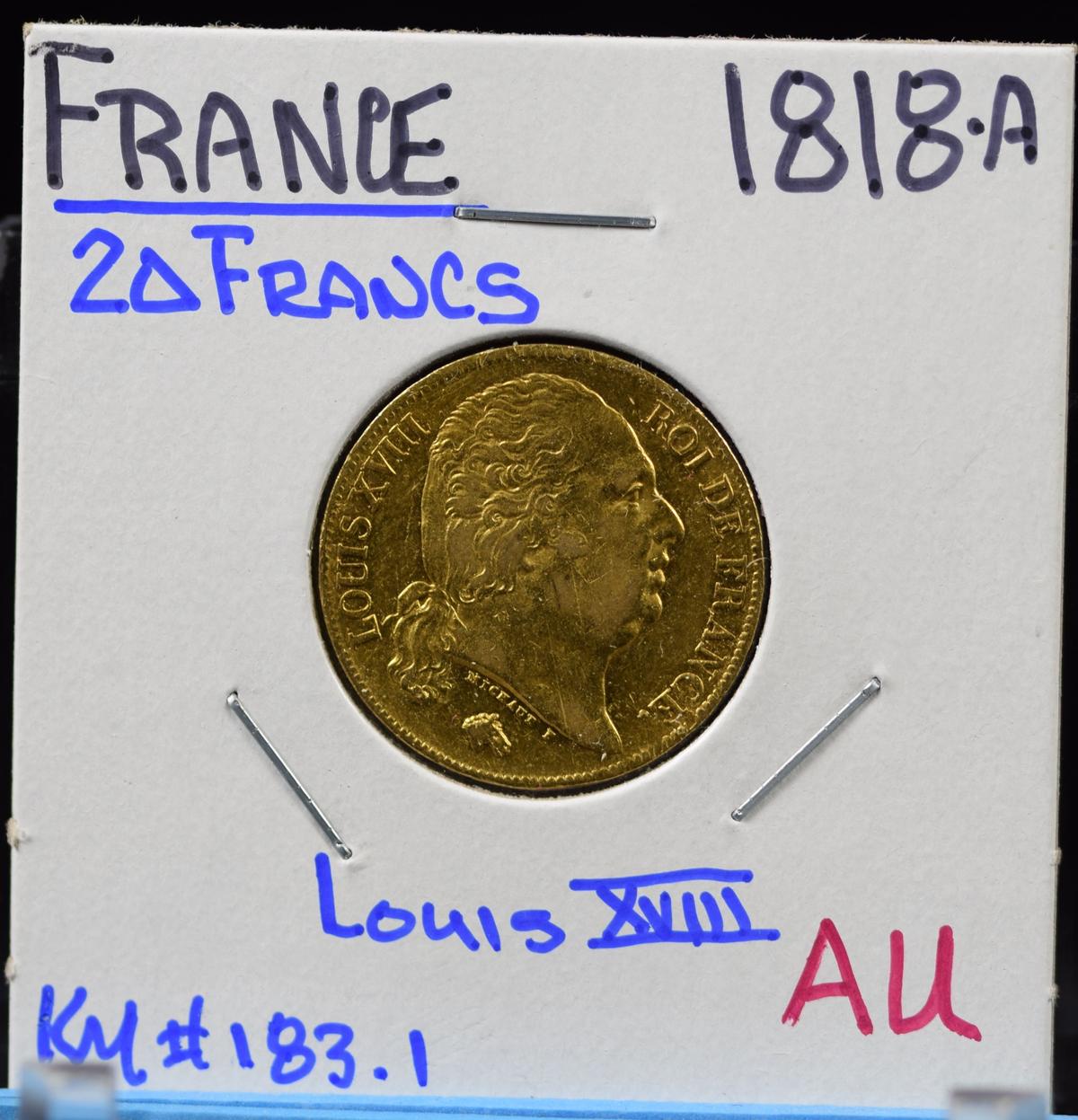 1818-A Gold France 20 Francs AU