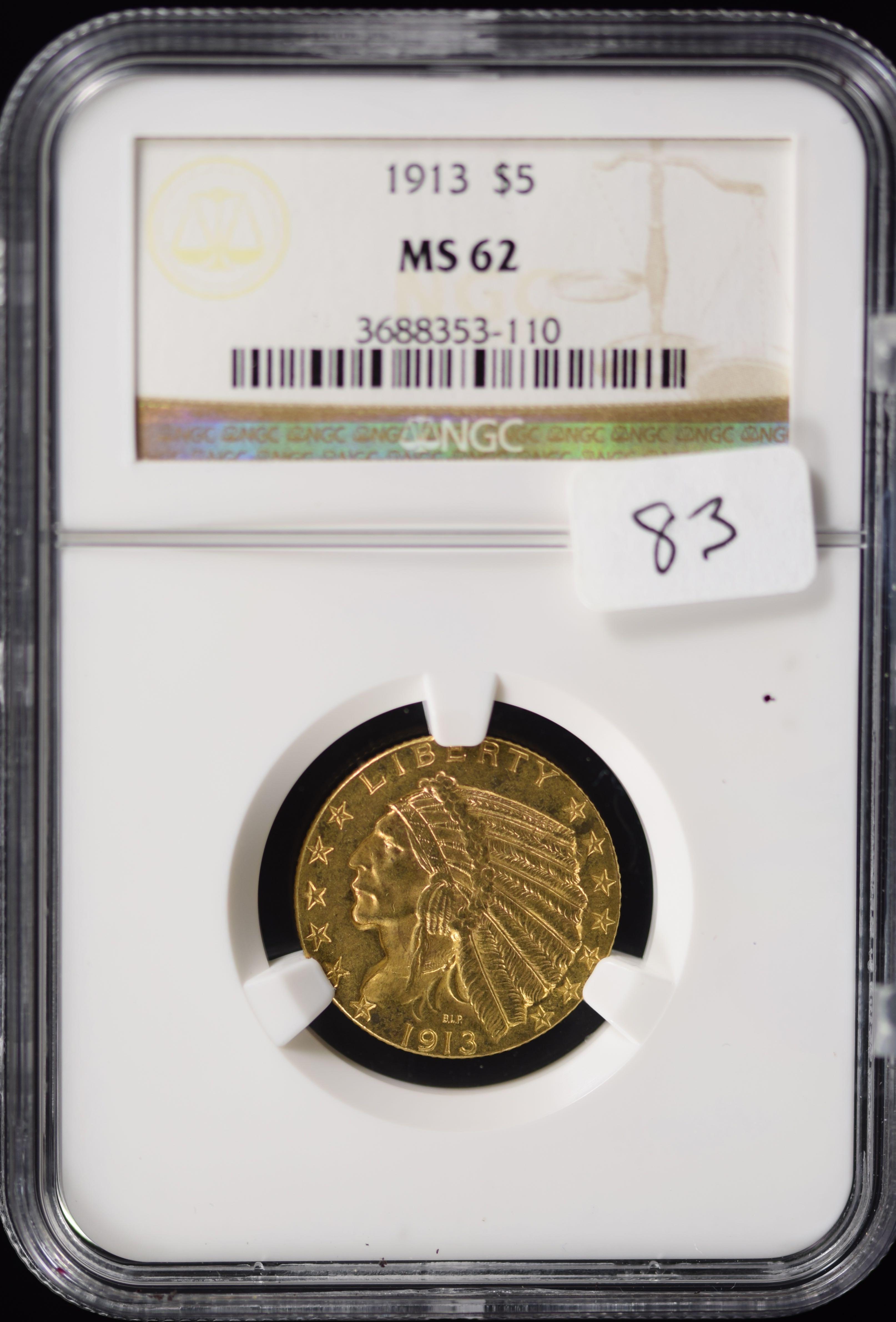 1913 $5 Gold Indian NGC MS 62