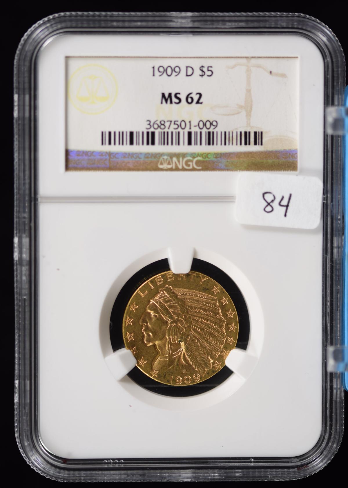 1909-D $5 Gold Indian  NGC MS 62