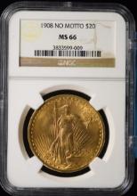 1908 $20 Gold St Gaudens No Motto NGC MS-66