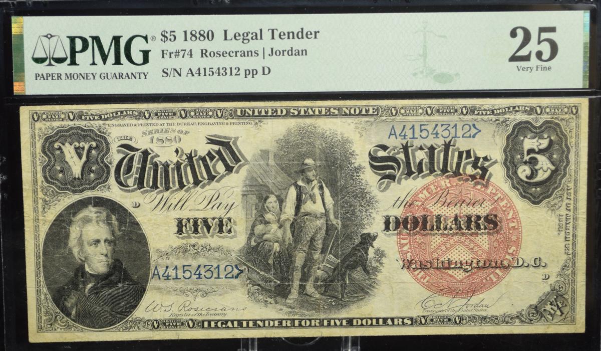 $5 1880 Legal Tender A4154312 PMG25 Very Fine