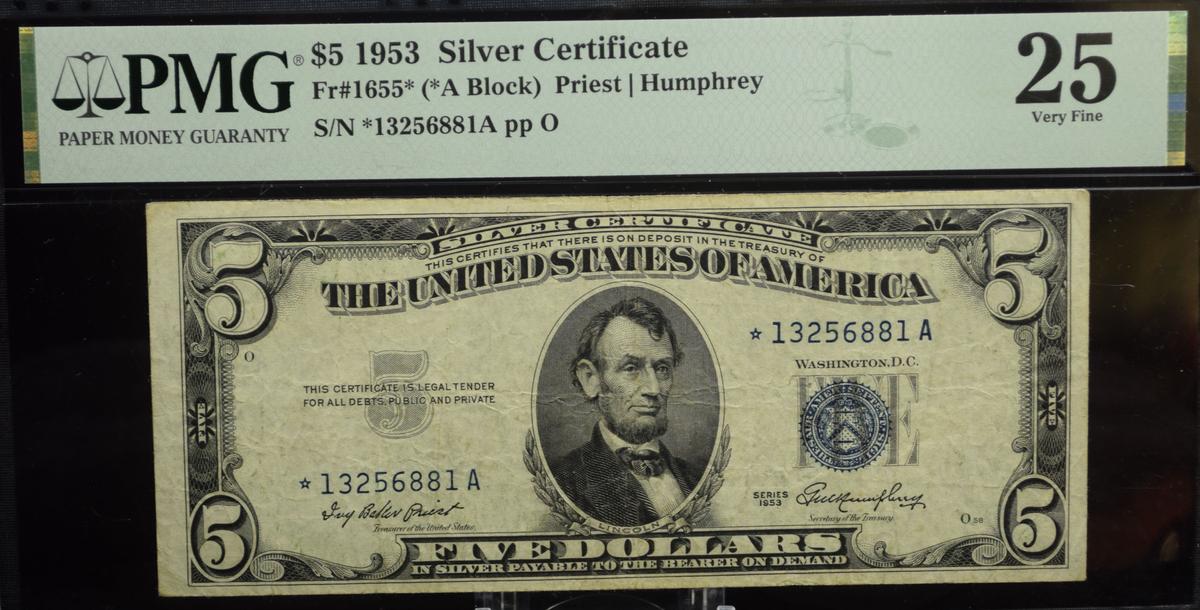 $5 1915 Silver Certificate 13256881* Star PMG25 VF
