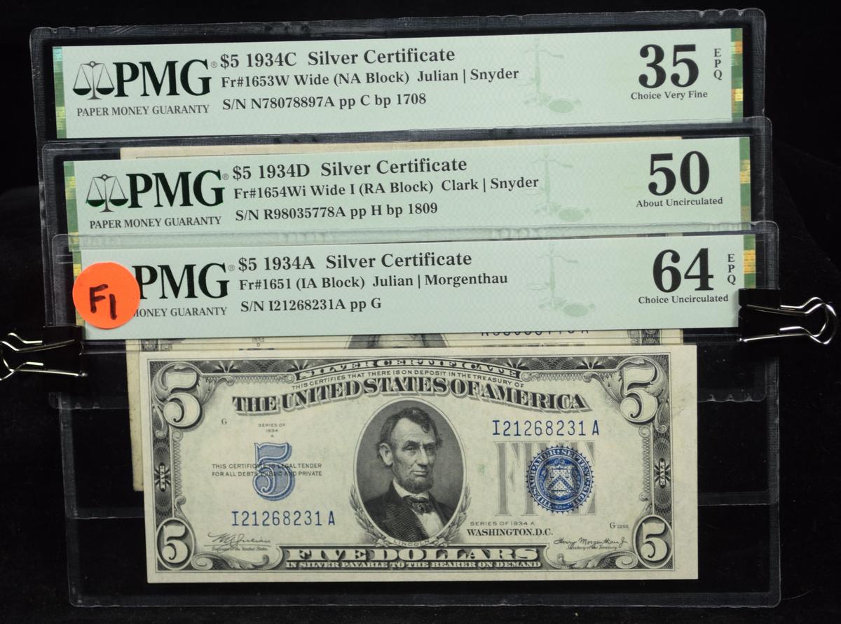 3 $5 Blue Seal Silver Certificates PMG 35-64 F1