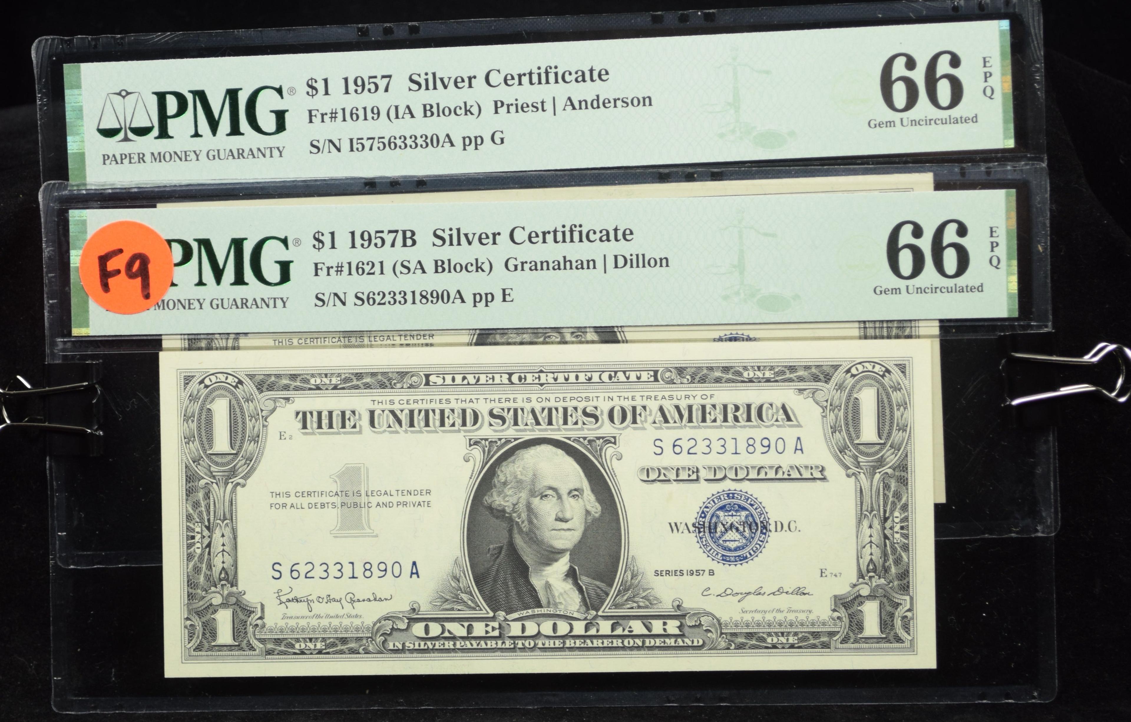 2 $1 1957 & 57B Silver Certificates PMG 66EPQ F9