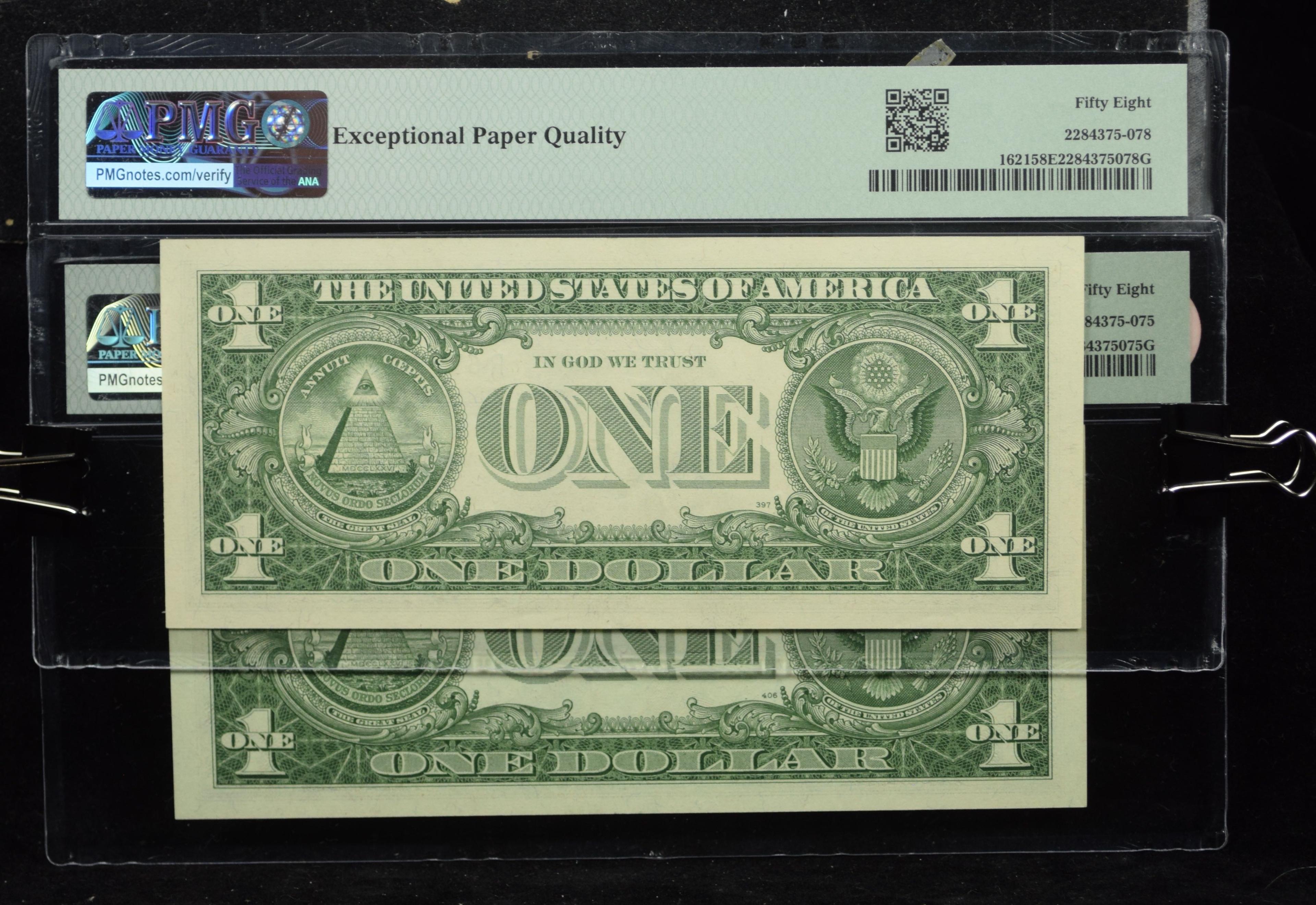 2 $1 1957B Silver Certificates PMG59EPQ CH F18