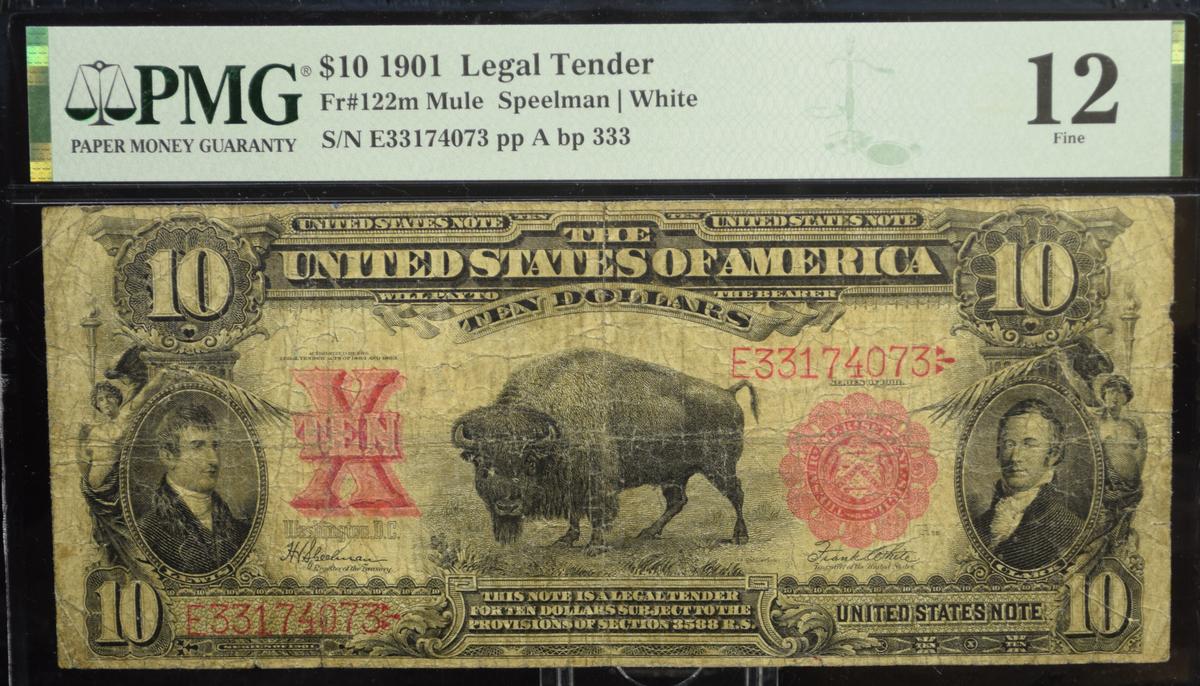 $10 1901 Legal Tender Bison E33174073 PMG12 Fine