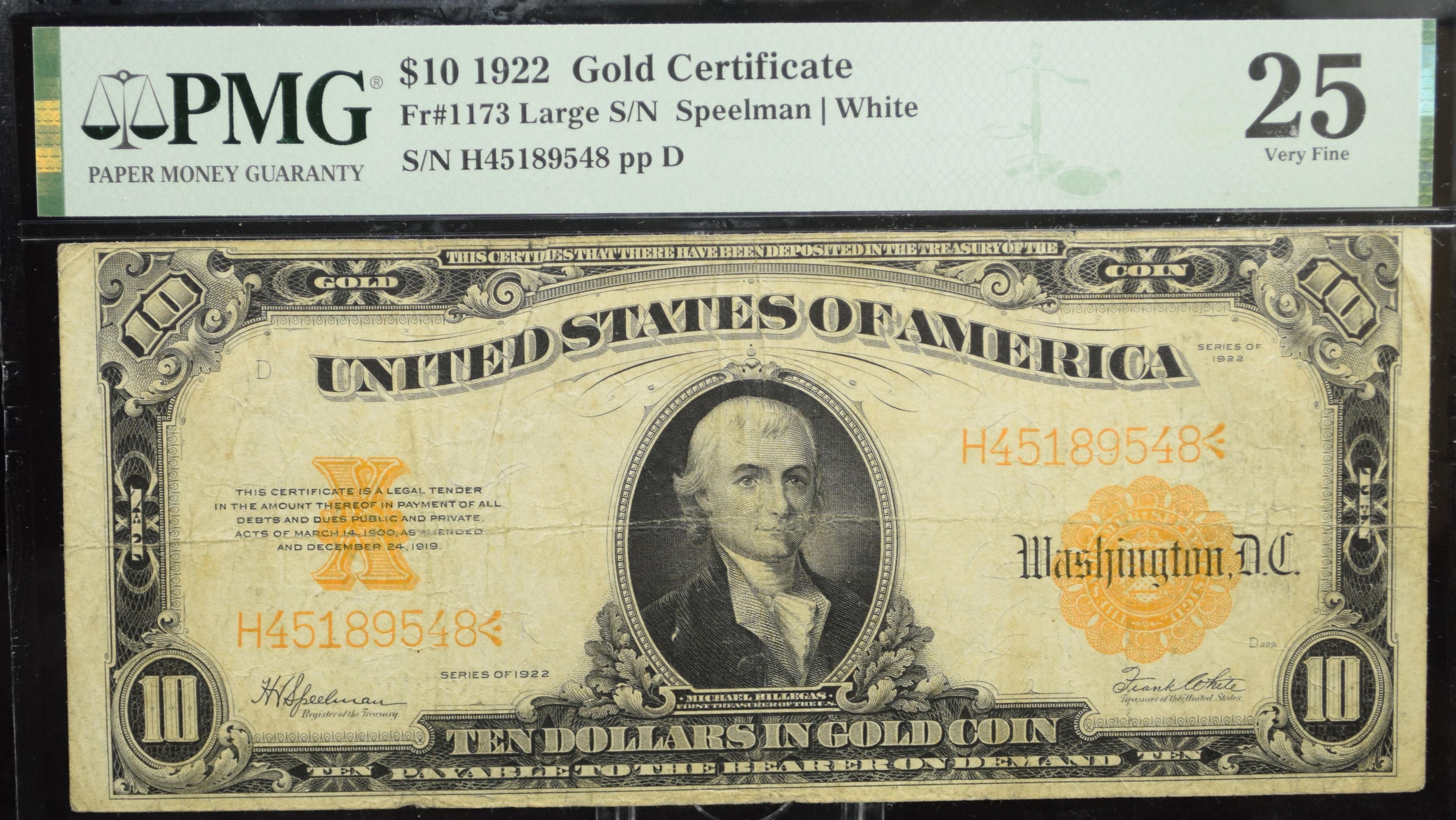 $10 1922 Gold Certificate H45189548 PMG25 Very Fine