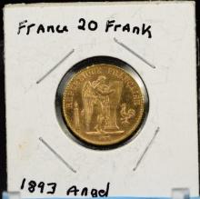 1893 Gold 20 Frank Angle France UNC