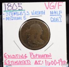 1805 Half Cent VG/F Stemless Medium 5