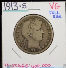 1913-S Barber Half Dollar VG Mintage 604K